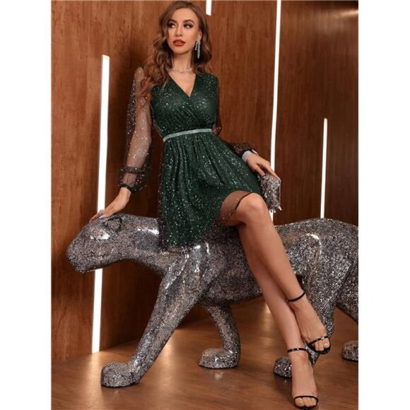 Women's Mesh Lantern Sleeve Sequin Dress - Picture 5 of 5